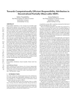 Towards Computationally Efficient Responsibility Attribution in
  Decentralized Partially Observable MDPs