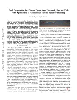 Dual Formulation for Chance Constrained Stochastic Shortest Path with
  Application to Autonomous Vehicle Behavior Planning
