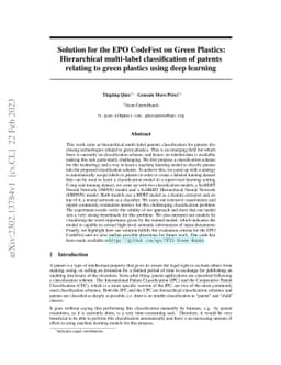 Solution for the EPO CodeFest on Green Plastics: Hierarchical
  multi-label classification of patents relating to green plastics using deep
  learning