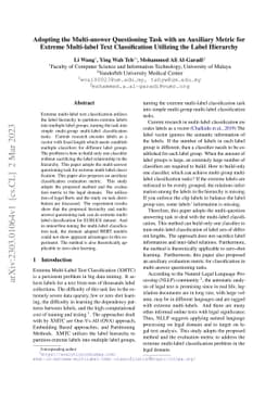 Adopting the Multi-answer Questioning Task with an Auxiliary Metric for
  Extreme Multi-label Text Classification Utilizing the Label Hierarchy