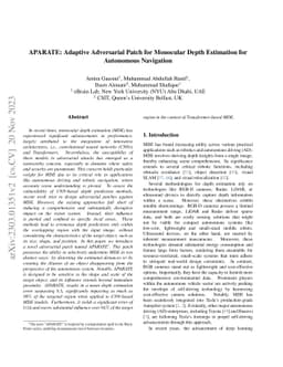 APARATE: Adaptive Adversarial Patch for CNN-based Monocular Depth
  Estimation for Autonomous Navigation