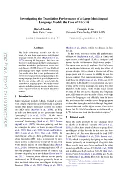 Investigating the Translation Performance of a Large Multilingual
  Language Model: the Case of BLOOM
