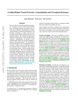 Certified Robust Neural Networks: Generalization and Corruption
  Resistance