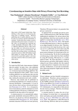 Crowdsourcing on Sensitive Data with Privacy-Preserving Text Rewriting