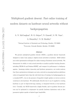 Multiplexed gradient descent: Fast online training of modern datasets on
  hardware neural networks without backpropagation