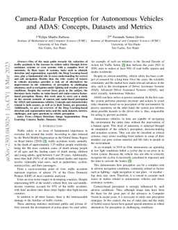 Camera-Radar Perception for Autonomous Vehicles and ADAS: Concepts,
  Datasets and Metrics