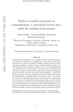 Models of symbol emergence in communication: a conceptual review and a
  guide for avoiding local minima