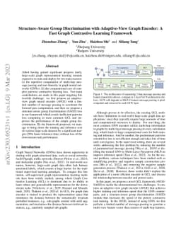 Structure-Aware Group Discrimination with Adaptive-View Graph Encoder: A
  Fast Graph Contrastive Learning Framework
