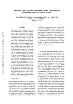 Generating Query Focused Summaries without Fine-tuning the
  Transformer-based Pre-trained Models