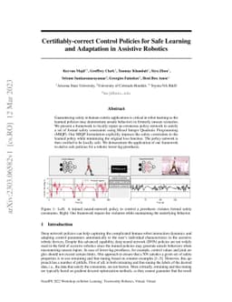 Certifiably-correct Control Policies for Safe Learning and Adaptation in
  Assistive Robotics