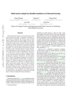 Multi-metrics adaptively identifies backdoors in Federated learning