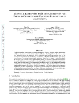 Branch & Learn with Post-hoc Correction for Predict+Optimize with
  Unknown Parameters in Constraints