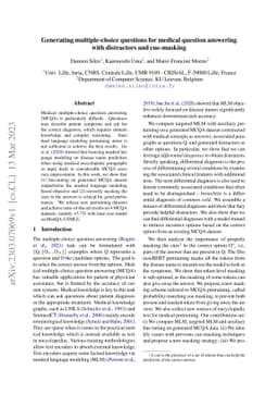 Generating multiple-choice questions for medical question answering with
  distractors and cue-masking