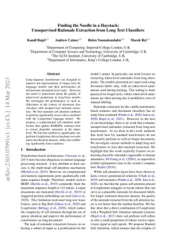 Finding the Needle in a Haystack: Unsupervised Rationale Extraction from
  Long Text Classifiers