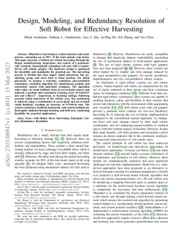 Design, Modeling, and Redundancy Resolution of Soft Robot for Effective
  Harvesting