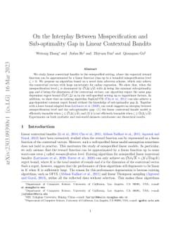 On the Interplay Between Misspecification and Sub-optimality Gap in
  Linear Contextual Bandits