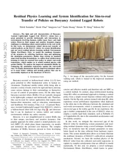 Residual Physics Learning and System Identification for Sim-to-real
  Transfer of Policies on Buoyancy Assisted Legged Robots