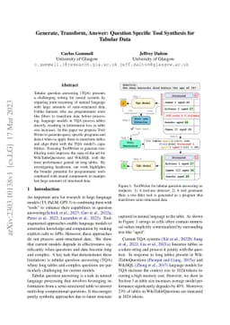 Generate, Transform, Answer: Question Specific Tool Synthesis for
  Tabular Data
