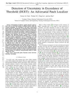 Detection of Uncertainty in Exceedance of Threshold (DUET): An
  Adversarial Patch Localizer
