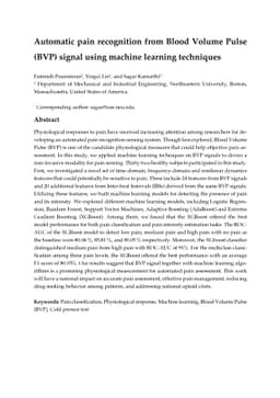 Automatic pain recognition from Blood Volume Pulse (BVP) signal using
  machine learning techniques