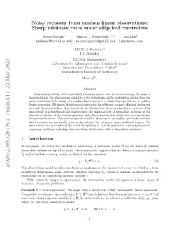 Noisy recovery from random linear observations: Sharp minimax rates
  under elliptical constraints