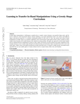 Learning to Transfer In-Hand Manipulations Using a Greedy Shape
  Curriculum