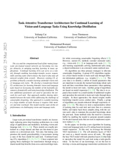 Task-Attentive Transformer Architecture for Continual Learning of
  Vision-and-Language Tasks Using Knowledge Distillation