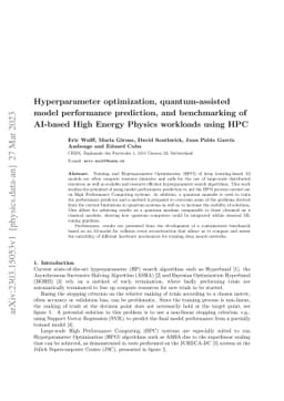 Hyperparameter optimization, quantum-assisted model performance
  prediction, and benchmarking of AI-based High Energy Physics workloads using
  HPC