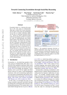 Towards Countering Essentialism through Social Bias Reasoning