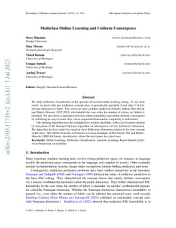Multiclass Online Learning and Uniform Convergence