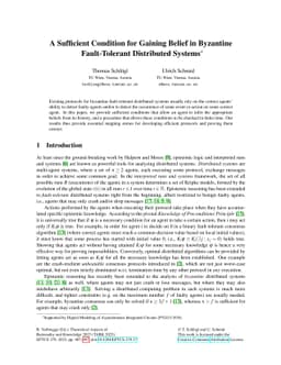 A Sufficient Condition for Gaining Belief in Byzantine Fault-Tolerant
  Distributed Systems