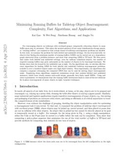 Minimizing Running Buffers for Tabletop Object Rearrangement:
  Complexity, Fast Algorithms, and Applications
