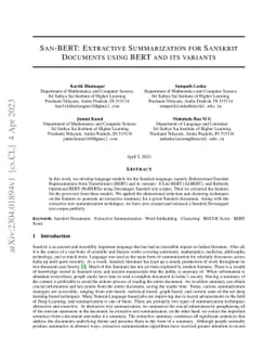 San-BERT: Extractive Summarization for Sanskrit Documents using BERT and
  it's variants