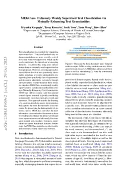 MEGClass: Extremely Weakly Supervised Text Classification via
  Mutually-Enhancing Text Granularities