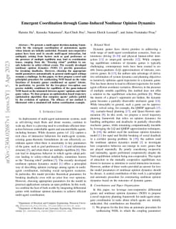Emergent Coordination through Game-Induced Nonlinear Opinion Dynamics
