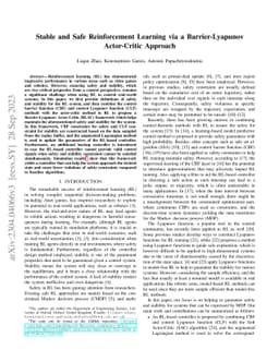 Stable and Safe Reinforcement Learning via a Barrier-Lyapunov
  Actor-Critic Approach