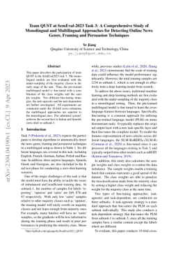 Team QUST at SemEval-2023 Task 3: A Comprehensive Study of Monolingual
  and Multilingual Approaches for Detecting Online News Genre, Framing and
  Persuasion Techniques