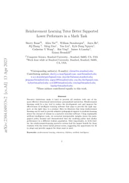Reinforcement Learning Tutor Better Supported Lower Performers in a Math
  Task