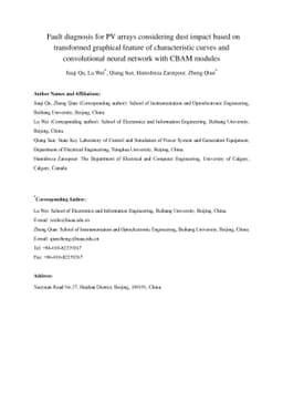 Fault diagnosis for PV arrays considering dust impact based on
  transformed graphical feature of characteristic curves and convolutional
  neural network with CBAM modules