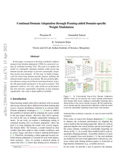 Continual Domain Adaptation through Pruning-aided Domain-specific Weight
  Modulation