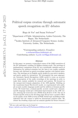 Political corpus creation through automatic speech recognition on EU
  debates