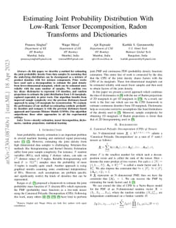 Estimating Joint Probability Distribution With Low-Rank Tensor
  Decomposition, Radon Transforms and Dictionaries
