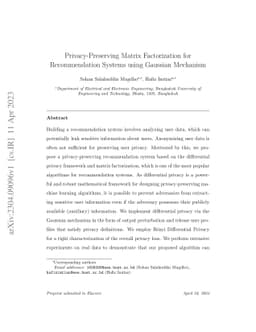 Privacy-Preserving Matrix Factorization for Recommendation Systems using
  Gaussian Mechanism
