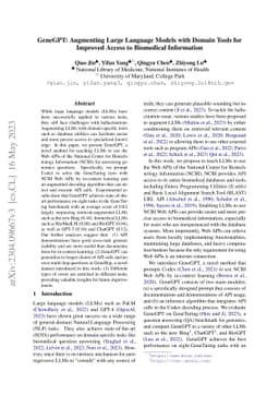 GeneGPT: Augmenting Large Language Models with Domain Tools for Improved
  Access to Biomedical Information