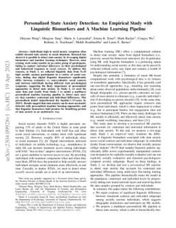 Personalized State Anxiety Detection: An Empirical Study with Linguistic
  Biomarkers and A Machine Learning Pipeline