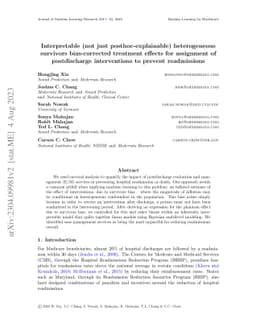 Interpretable (not just posthoc-explainable) heterogeneous survivor
  bias-corrected treatment effects for assignment of postdischarge
  interventions to prevent readmissions