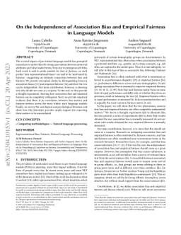 On the Independence of Association Bias and Empirical Fairness in
  Language Models