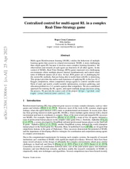 Centralized control for multi-agent RL in a complex Real-Time-Strategy
  game