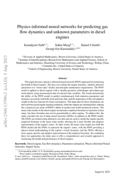 Physics-informed neural networks for predicting gas flow dynamics and
  unknown parameters in diesel engines