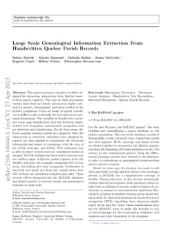 Large Scale Genealogical Information Extraction From Handwritten Quebec
  Parish Records